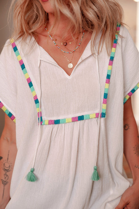 White Colorful Fringed Detail Tassel Tie Neck Short Sleeve Blouse