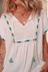 White Colorful Fringed Detail Tassel Tie Neck Short Sleeve Blouse