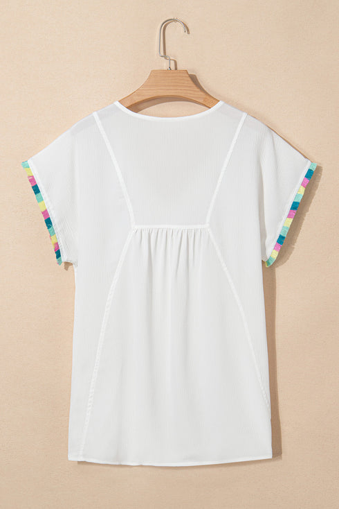 White Colorful Fringed Detail Tassel Tie Neck Short Sleeve Blouse