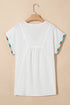 White Colorful Fringed Detail Tassel Tie Neck Short Sleeve Blouse