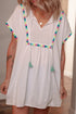 White Colorful Fringed Detail Tassel Tie Neck Short Sleeve Blouse