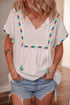 White Colorful Fringed Detail Tassel Tie Neck Short Sleeve Blouse
