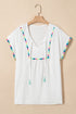 White Colorful Fringed Detail Tassel Tie Neck Short Sleeve Blouse