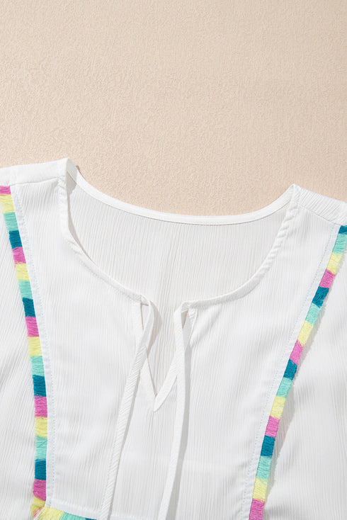 White Colorful Fringed Detail Tassel Tie Neck Short Sleeve Blouse