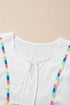 White Colorful Fringed Detail Tassel Tie Neck Short Sleeve Blouse