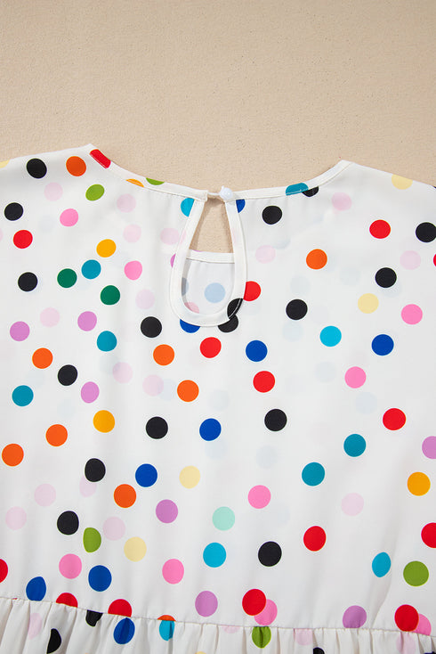 White Colorful Polka Dot Short Sleeve Tiered Ruffled Babydoll Blouse
