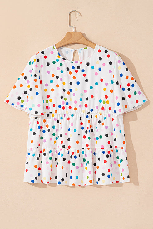 White Colorful Polka Dot Short Sleeve Tiered Ruffled Babydoll Blouse
