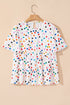 White Colorful Polka Dot Short Sleeve Tiered Ruffled Babydoll Blouse