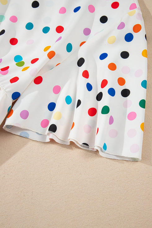 White Colorful Polka Dot Short Sleeve Tiered Ruffled Babydoll Blouse