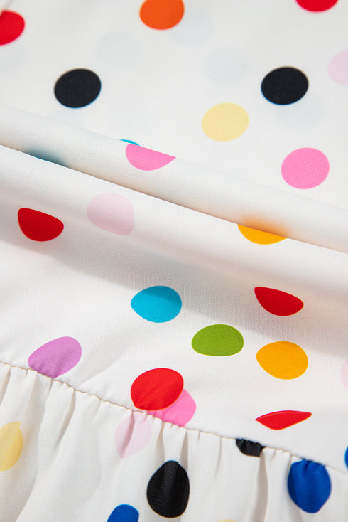 White Colorful Polka Dot Short Sleeve Tiered Ruffled Babydoll Blouse