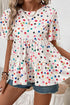 White Colorful Polka Dot Short Sleeve Tiered Ruffled Babydoll Blouse