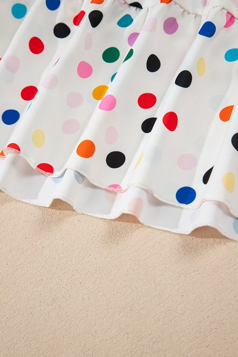 White Colorful Polka Dot Short Sleeve Tiered Ruffled Babydoll Blouse