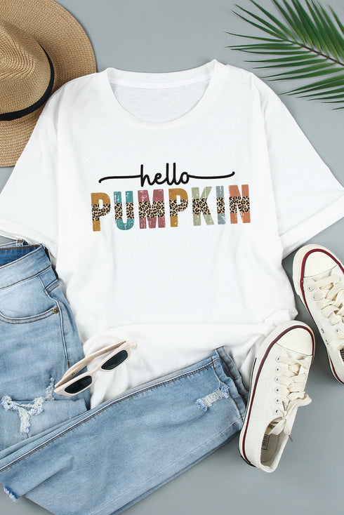 White Colorful Pumpkin Leopard Graphic Casual Tee