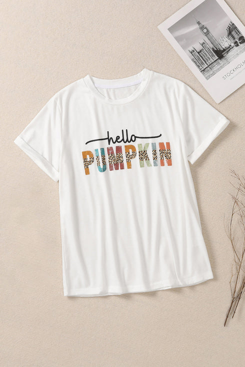 White Colorful Pumpkin Leopard Graphic Casual Tee