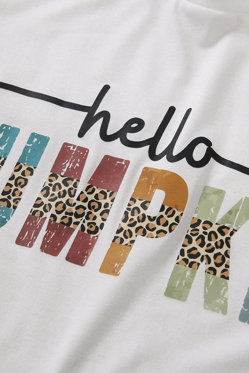White Colorful Pumpkin Leopard Graphic Casual Tee