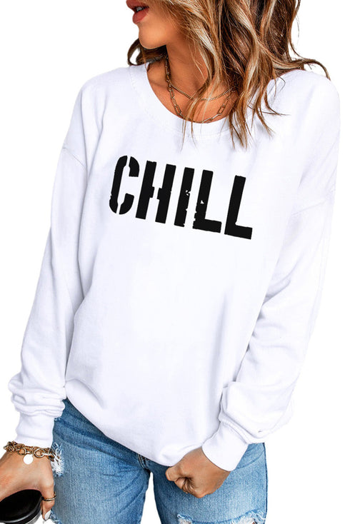 White Contrast Trim Chill Letters Pattern Sweatshirt