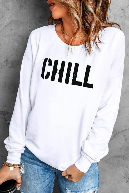 White Contrast Trim Chill Letters Pattern Sweatshirt