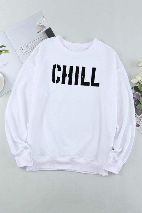 White Contrast Trim Chill Letters Pattern Sweatshirt