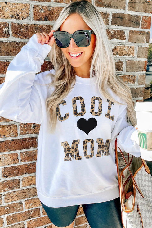 White Cool Mom Leopard Heart Print Pullover Sweatshirt