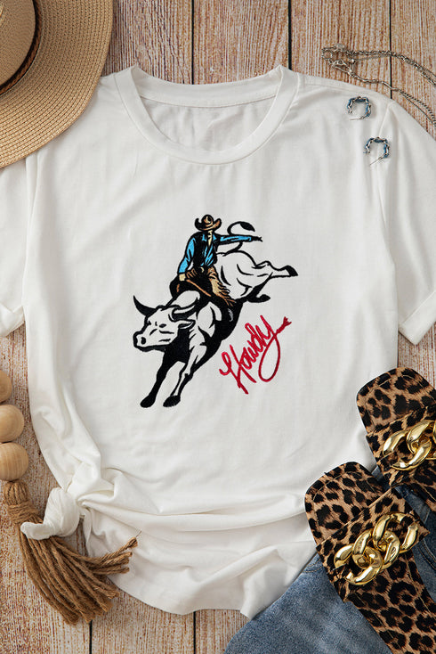 White Cowboy Howdy Embroidered Western Fashion T Shirt