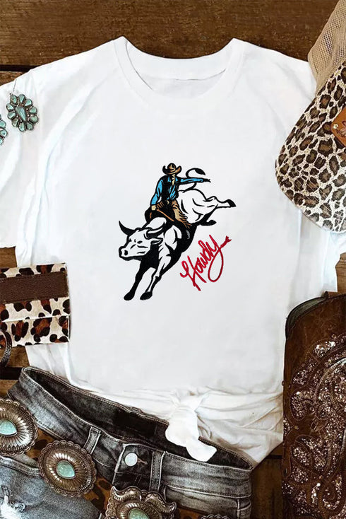 White Cowboy Howdy Embroidered Western Fashion T Shirt