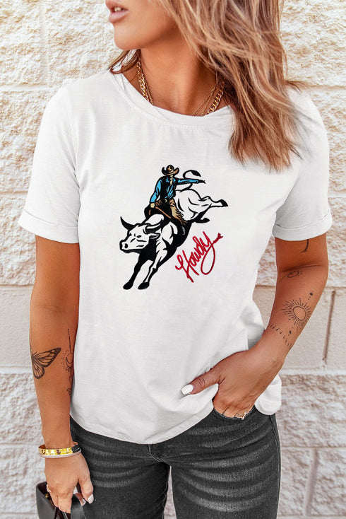 White Cowboy Howdy Embroidered Western Fashion T Shirt