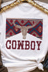 White COWBOY Western Steer Head Print Round Neck T Shirt