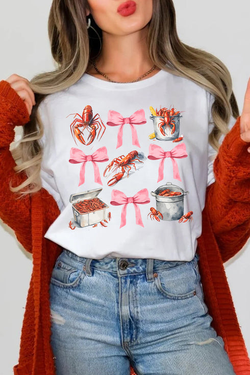 White Crawfish Boil Bow Graphic Crewneck Tee