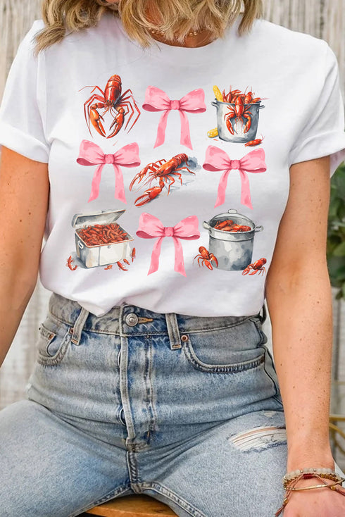 White Crawfish Boil Bow Graphic Crewneck Tee