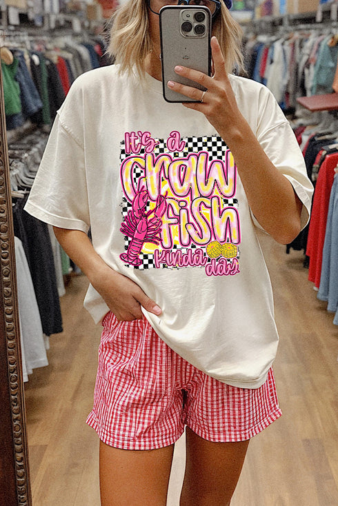 White Crawfish Checkered Pattern Graphic Tee