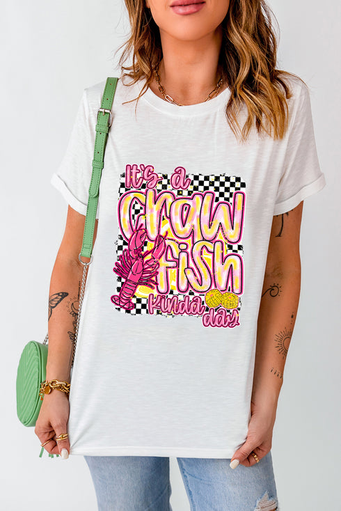 White Crawfish Checkered Pattern Graphic Tee