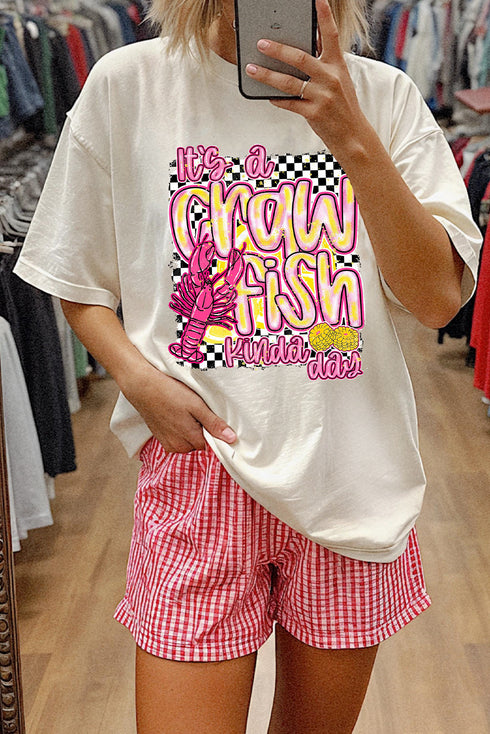 White Crawfish Checkered Pattern Graphic Tee