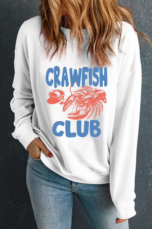 White CRAWFISH CLUB Printed Drop Shoulder Sweatshirt