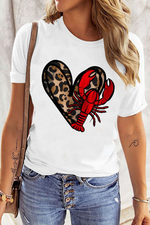 White Crawfish Leopard Heart Print Crewneck Tee