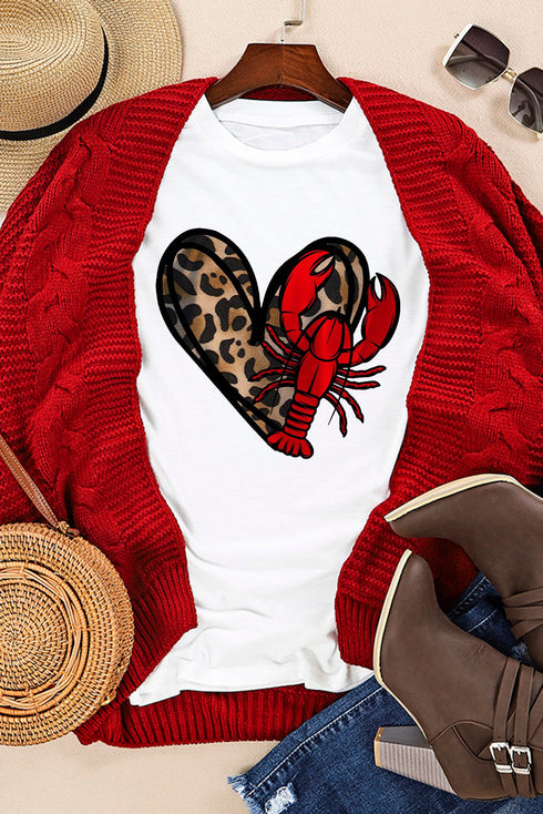 White Crawfish Leopard Heart Print Crewneck Tee