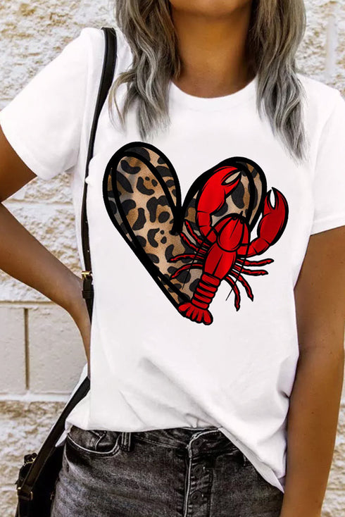 White Crawfish Leopard Heart Print Crewneck Tee