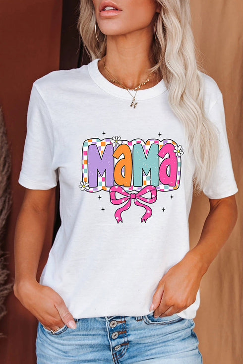 White Cute MaMa Bow Graphic Crewneck T Shirt