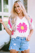 White Daisy Printed Striped Colorblock Sleeve V Neck T Shirt