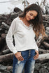 White Deep V-Neck Lace Stripe Long Sleeve Top
