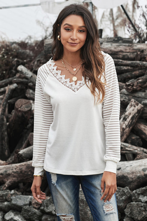 White Deep V-Neck Lace Stripe Long Sleeve Top