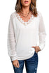 White Deep V-Neck Lace Stripe Long Sleeve Top