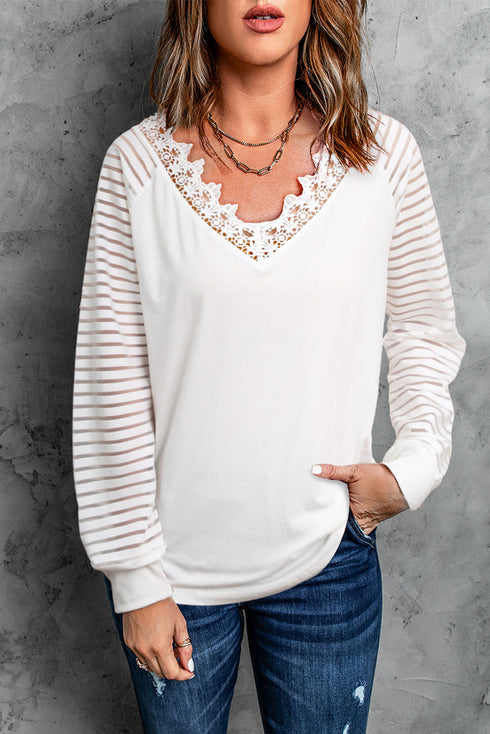 White Deep V-Neck Lace Stripe Long Sleeve Top