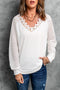 White Deep V-Neck Lace Stripe Long Sleeve Top