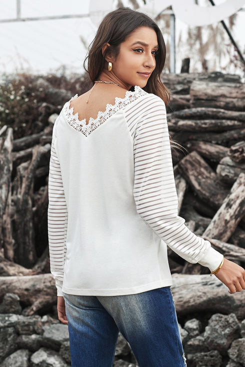 White Deep V-Neck Lace Stripe Long Sleeve Top