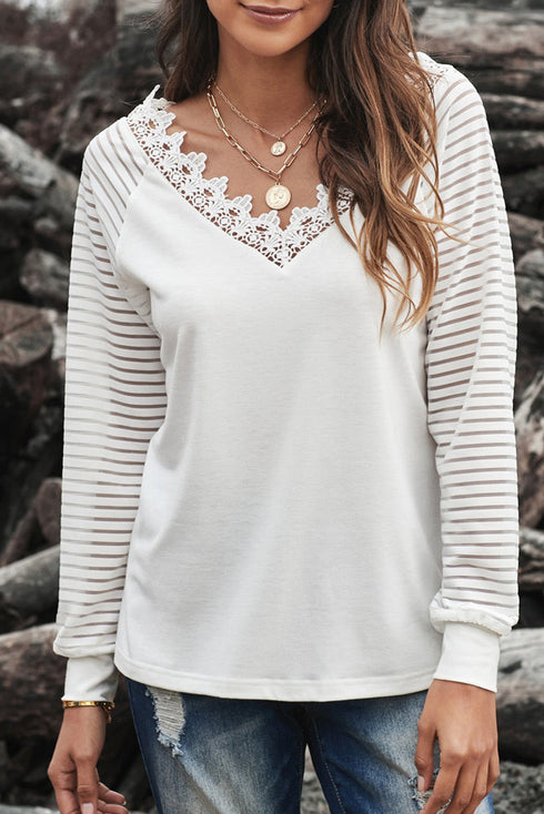 White Deep V-Neck Lace Stripe Long Sleeve Top