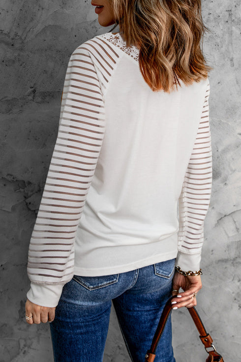 White Deep V-Neck Lace Stripe Long Sleeve Top