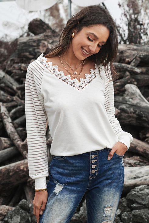 White Deep V-Neck Lace Stripe Long Sleeve Top