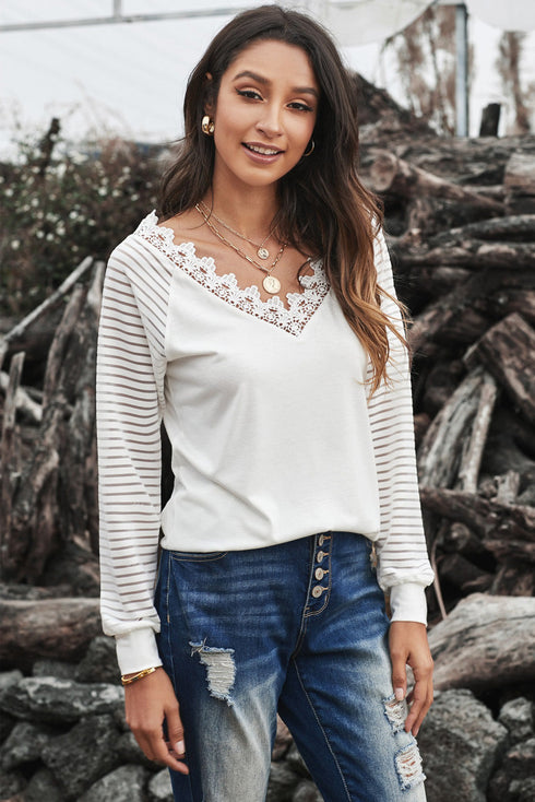 White Deep V-Neck Lace Stripe Long Sleeve Top