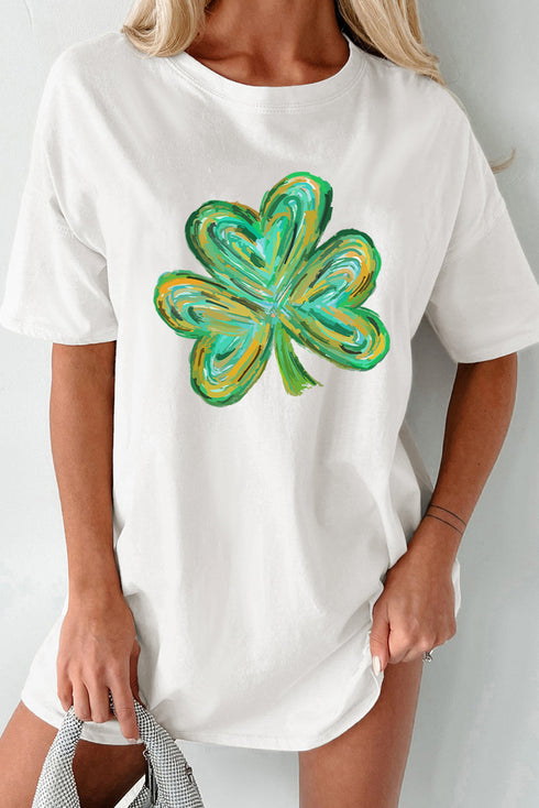 White Dreamy Clover Print St Patricks Day Tunic T Shirt