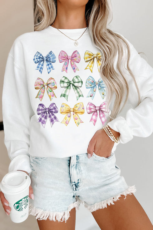 White Easter Eggs Plaid Bow Graphic Drop Shoulder Sweatshirt